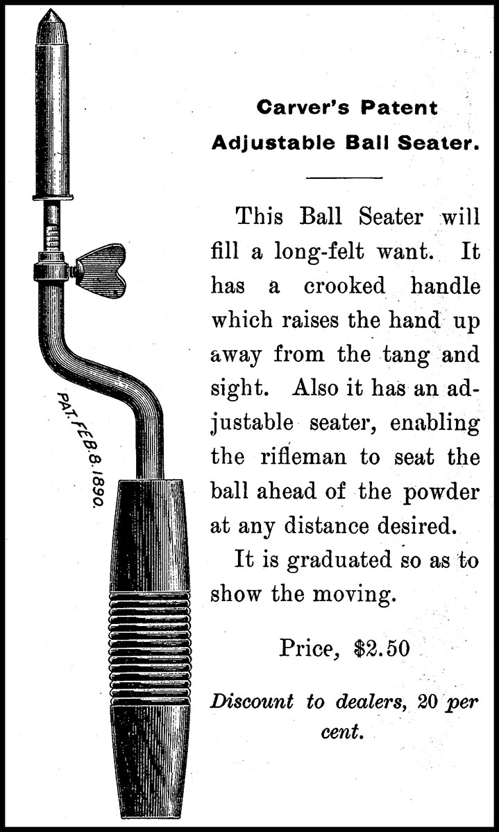 Carver’s Patent Adjustable Ball Seater. Just another interesting design for a ball seater. A nice feature was that it was calibrated so a handloader could keep track of the seating depth.